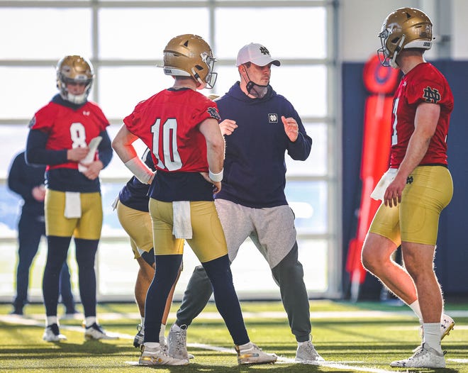 Notre Dame offensive coordinator Tommy Rees is flanked by QBs Drew Pyne (10) and Jack Coan (17) during a spring practice session.