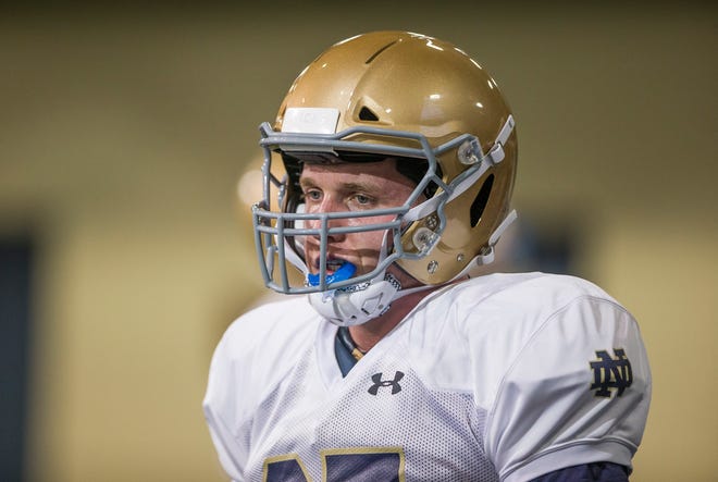 David Adams during Notre Dame football practice Tuesday, March 20, 2018, inside the Loftus Center at Notre Dame.