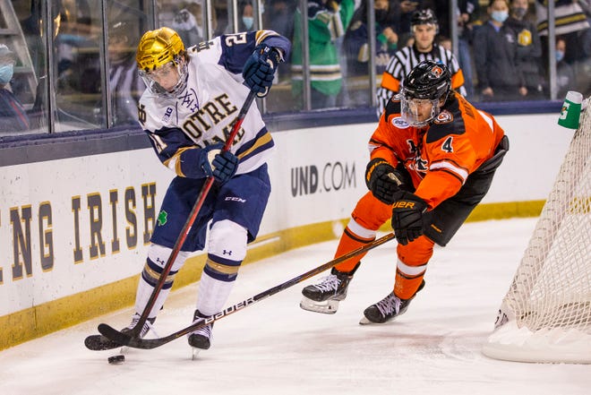 Notre Dame's Max Ellis (21), shown on Oct. 21, 2021, scored two goals in a 4-2 Irish win over Penn State Friday night.