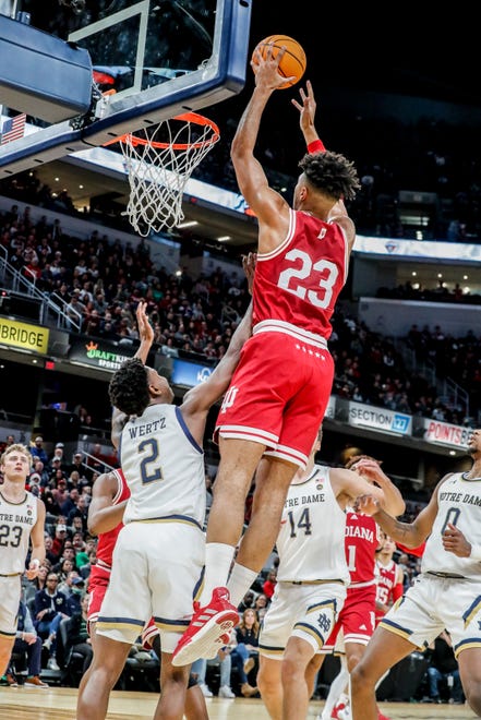 Indiana Hoosiers forward Trayce Jackson-Davis (23) shoots for the hoop during the Crossroads Classic college basketball tournament on Saturday, Dec. 18, 2021, at Gainbridge Fieldhouse in Indianapolis. The Notre Dame Fighting Irish took on the Indiana Hoosiers.
